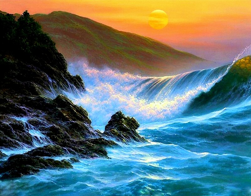 Ocean Waves Crashing — Blue, Dramatic, Sunset, Painting, Mountain, Sun