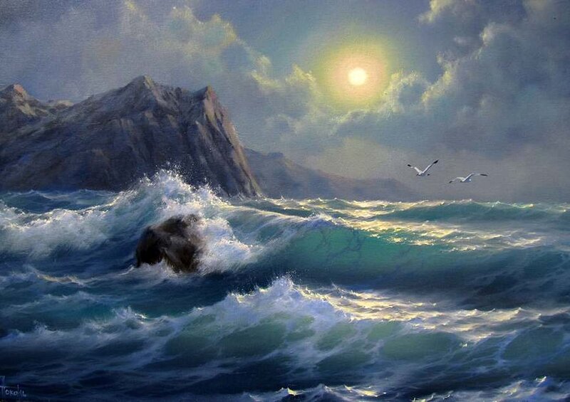 Ocean Waves Crashing — Blue, Dramatic, Sunset, Painting, Mountain