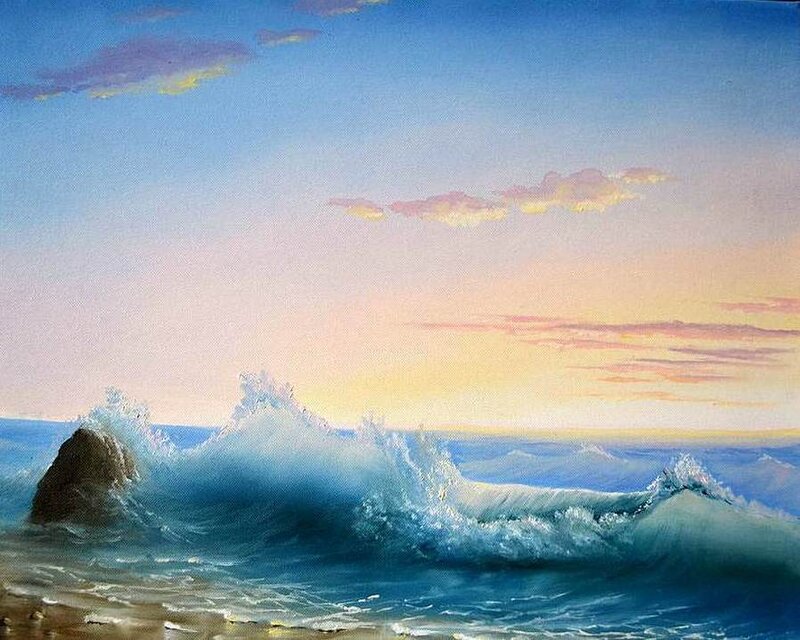 Ocean Waves Crashing — Blue, Dramatic, Sunset, Painting, Rock