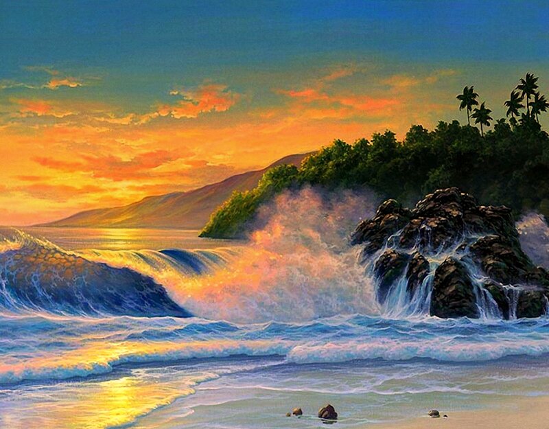 Ocean Waves Crashing — Blue, Dramatic, Sunset, Painting, Rocks, Palm Trees