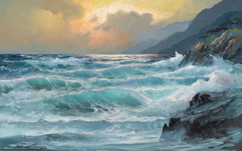 Ocean Waves Crashing — Blue, Dramatic, Sunset, Painting, Rocks, Sky