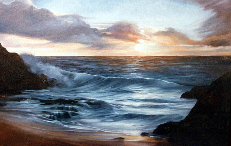 Ocean Waves Crashing — Blue, Dramatic, Sunset, Painting, Rocks