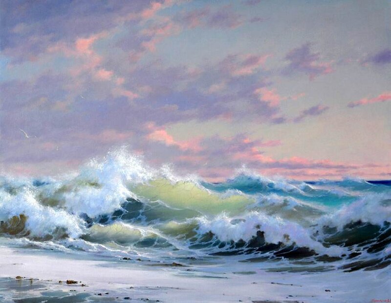 Ocean Waves Crashing — Blue, Dramatic, Sunset, Painting, Sky