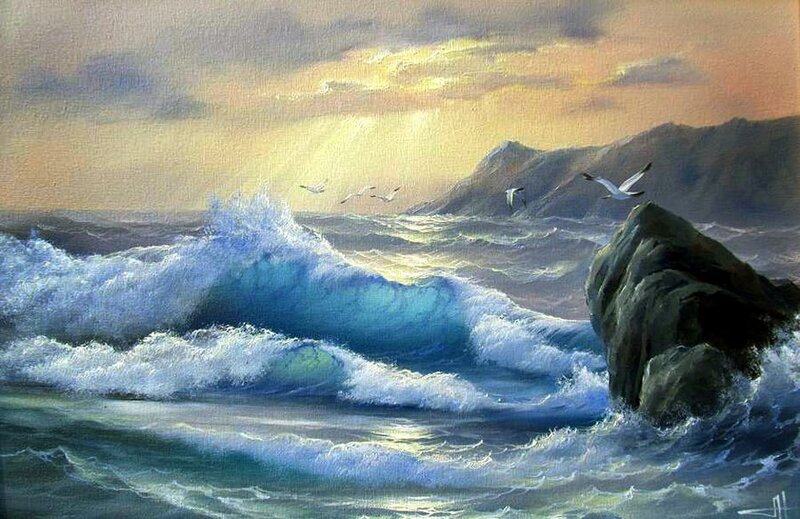 Ocean Waves Crashing — Blue, Dramatic, Sunset, Painting
