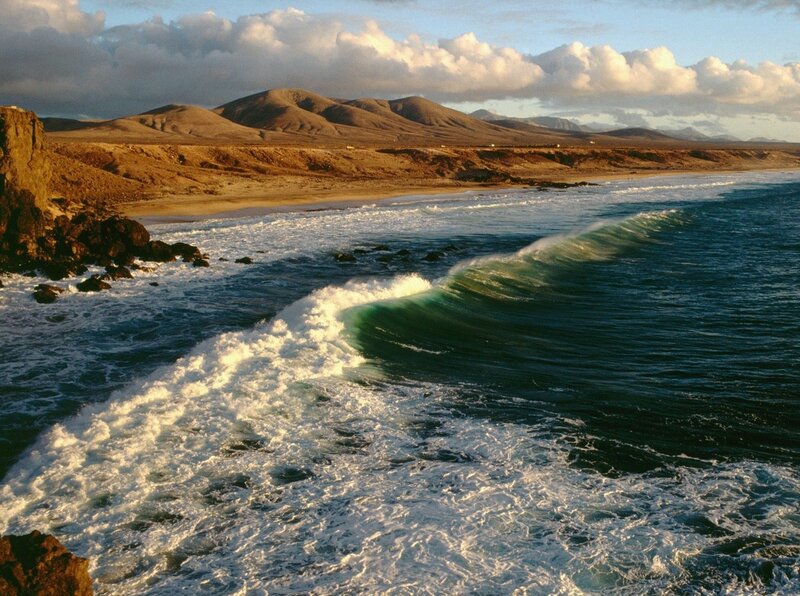 Ocean Waves Crashing — Blue, Dramatic, Sunset, Photograph, Beach, Mountains, Clouds, Brown, White