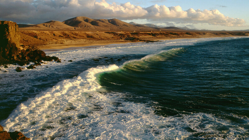 Ocean Waves Crashing — Blue, Dramatic, Sunset, Photograph, Beach, Mountains