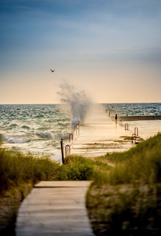 Ocean Waves Crashing — Blue, Dramatic, Sunset, Photograph, Bird