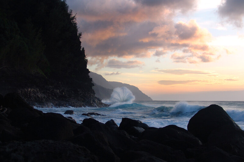 Ocean Waves Crashing — Blue, Dramatic, Sunset, Photograph, Cliffs, Rocks