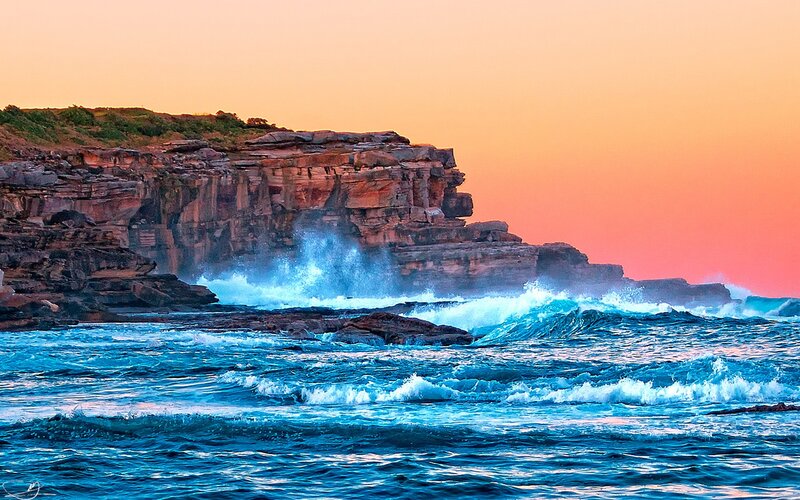 Ocean Waves Crashing — Blue, Dramatic, Sunset, Photograph, Cliffs, Sky, Orange, Pink