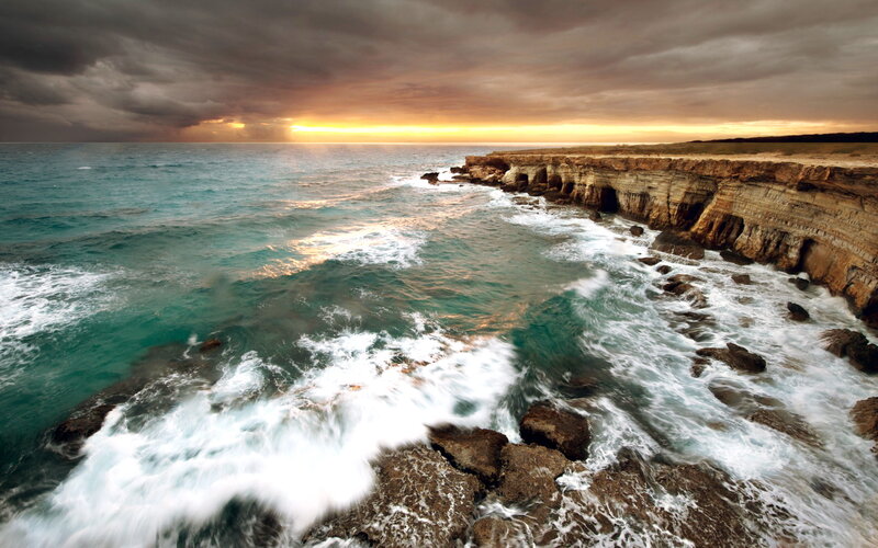 Ocean Waves Crashing — Blue, Dramatic, Sunset, Photograph, Cliffs, Sky