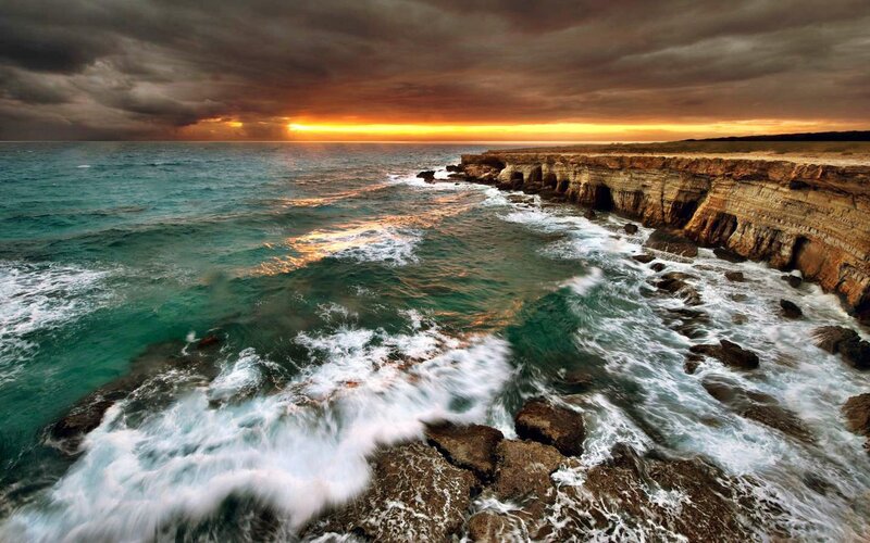 Ocean Waves Crashing — Blue, Dramatic, Sunset, Photograph, Cliffs