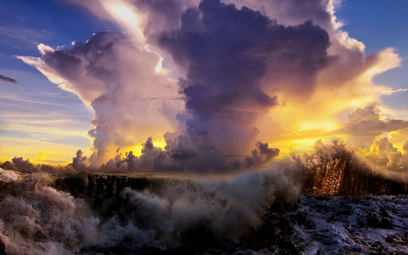 Ocean Waves Crashing — Blue, Dramatic, Sunset, Photograph, Clouds