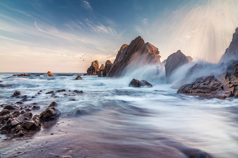 Ocean Waves Crashing — Blue, Dramatic, Sunset, Photograph, Rocks, Birds