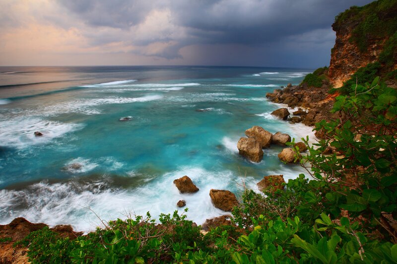Ocean Waves Crashing — Blue, Dramatic, Sunset, Photograph, Rocks, Cliff