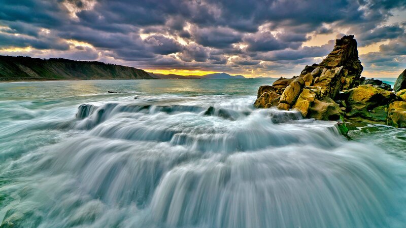 Ocean Waves Crashing — Blue, Dramatic, Sunset, Photograph, Rocks, Clouds, Sea, Gray