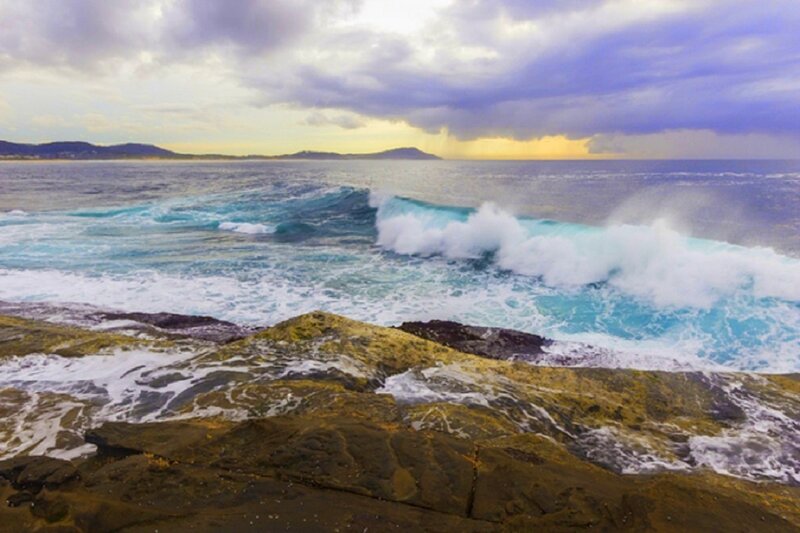 Ocean Waves Crashing — Blue, Dramatic, Sunset, Photograph, Rocks, Clouds, Sea