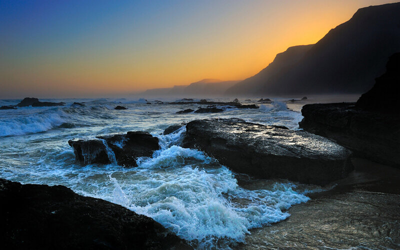 Ocean Waves Crashing — Blue, Dramatic, Sunset, Photograph, Rocks, Mountain