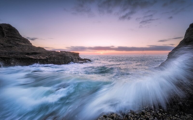 Ocean Waves Crashing — Blue, Dramatic, Sunset, Photograph, Rocks, Sea