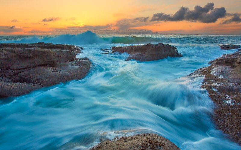 Ocean Waves Crashing — Blue, Dramatic, Sunset, Photograph, Rocks, Sky, Clouds, Orange, Gray