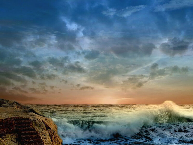 Ocean Waves Crashing — Blue, Dramatic, Sunset, Photograph, Rocks, Sky, Clouds