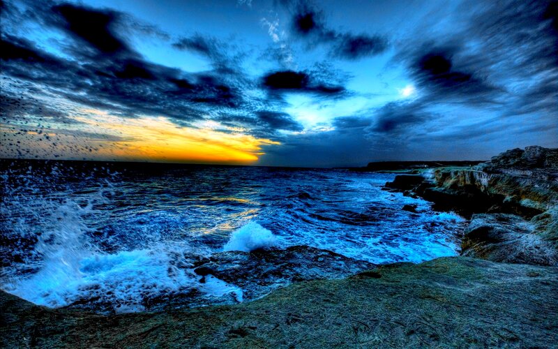 Ocean Waves Crashing — Blue, Dramatic, Sunset, Photograph, Rocks, Sky