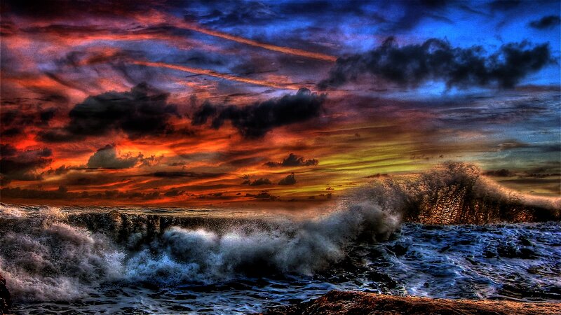 Ocean Waves Crashing — Blue, Dramatic, Sunset, Photograph, Sky