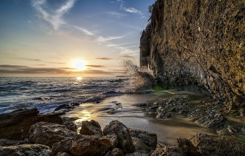 Ocean Waves Crashing — Blue, Dramatic, Sunset, Photograph, Sun, Cliff