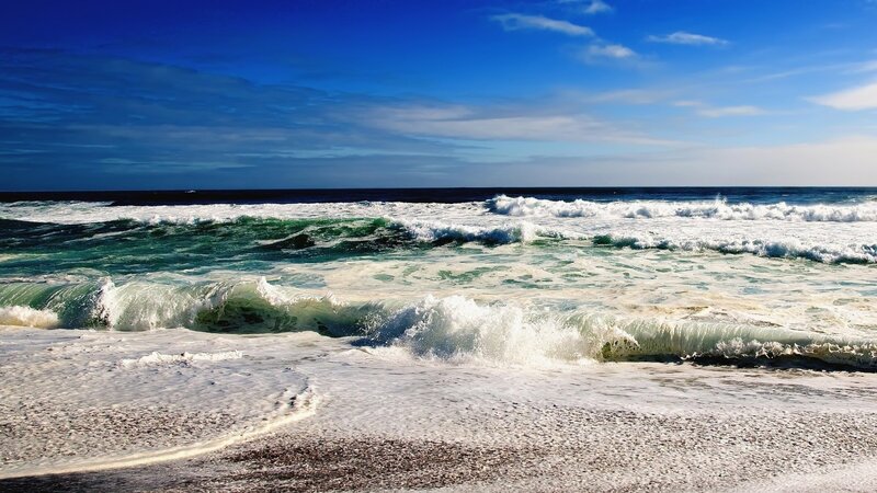 Ocean Waves Crashing — Blue, Dynamic, Afternoon, Photograph, Beach, Sky, Foam, White, Green