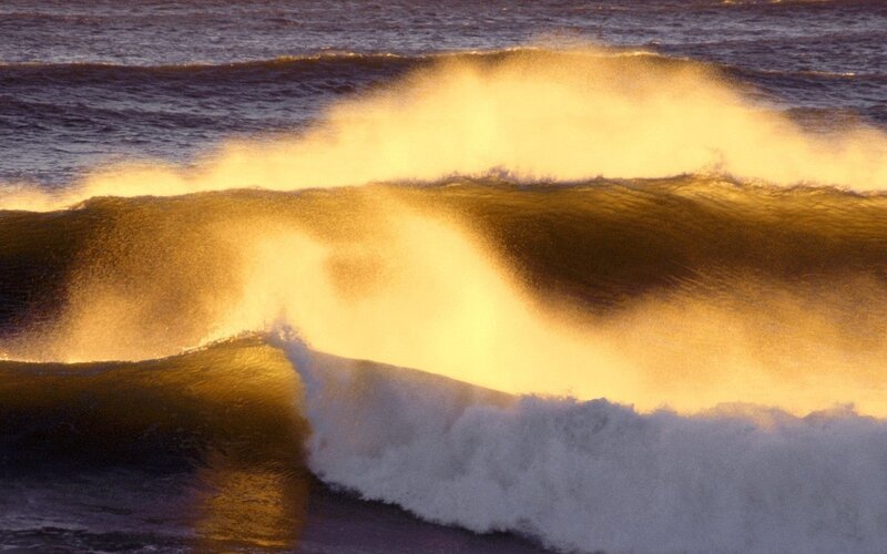 Ocean Waves Crashing — Gold, Dramatic, Sunset, Photograph, Sea, Sunlight, Blue