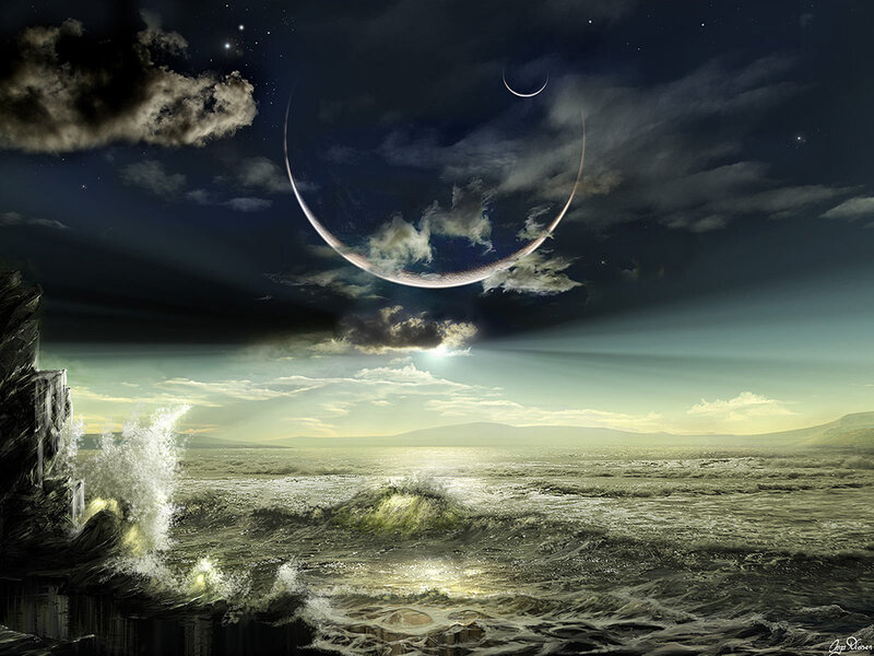 Ocean Waves Crashing — Green, Dramatic, Night, Digital Art