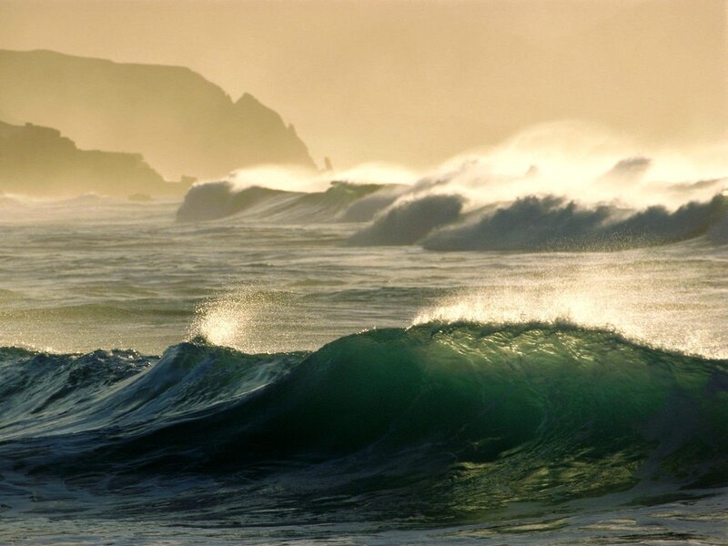 Ocean Waves Crashing — Green, Dramatic, Sunset, Photograph, Sea