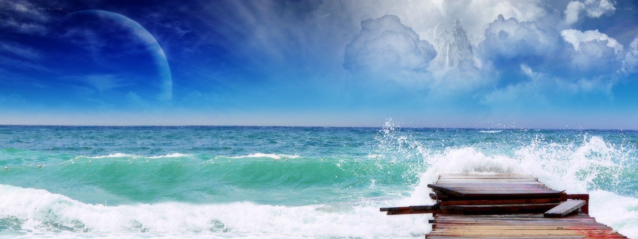 Ocean waves crashing on a pier