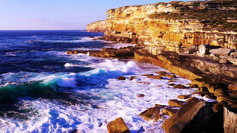 Ocean Waves Crashing on Cliffs — Blue, Dramatic, Afternoon, Photograph