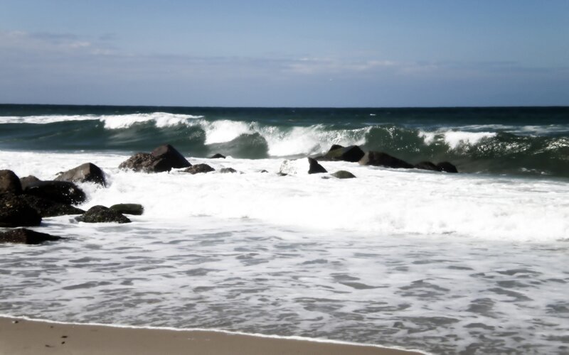 Ocean Waves Crashing on Rocks — Blue, Calm, Afternoon, Photograph