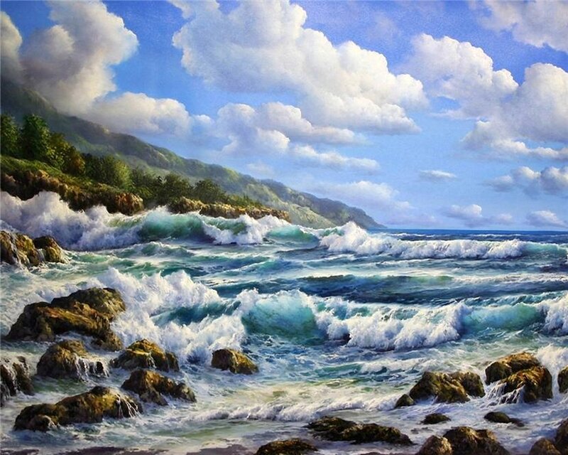 Ocean Waves Crashing on Rocks — Blue, Dramatic, Afternoon, Painting, Mountain