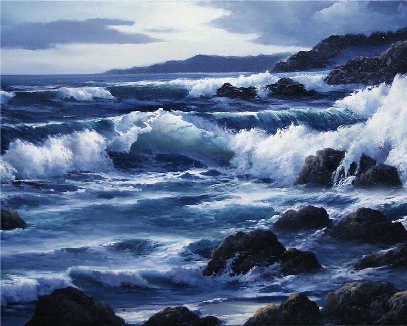 Ocean Waves Crashing on Rocks — Blue, Dramatic, Afternoon, Painting, Sea, Sky