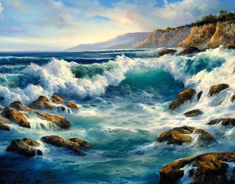 Ocean Waves Crashing on Rocks — Blue, Dramatic, Afternoon, Painting