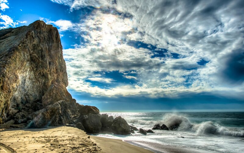 Ocean Waves Crashing on Rocks — Blue, Dramatic, Afternoon, Photograph, Beach