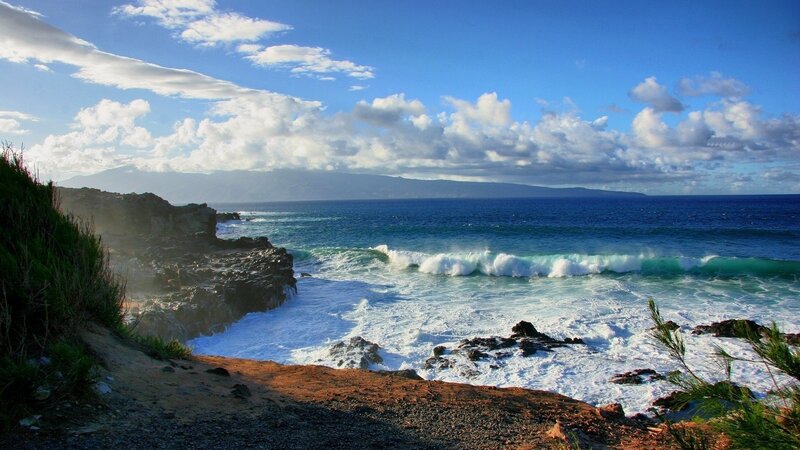 Ocean Waves Crashing on Rocks — Blue, Dramatic, Afternoon, Photograph, Cliffs, Clouds, Mountain
