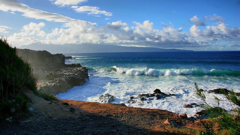 Ocean Waves Crashing on Rocks — Blue, Dramatic, Afternoon, Photograph, Clouds, Mountain