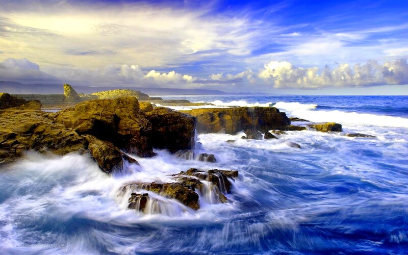 Ocean Waves Crashing on Rocks — Blue, Dramatic, Afternoon, Photograph, Clouds