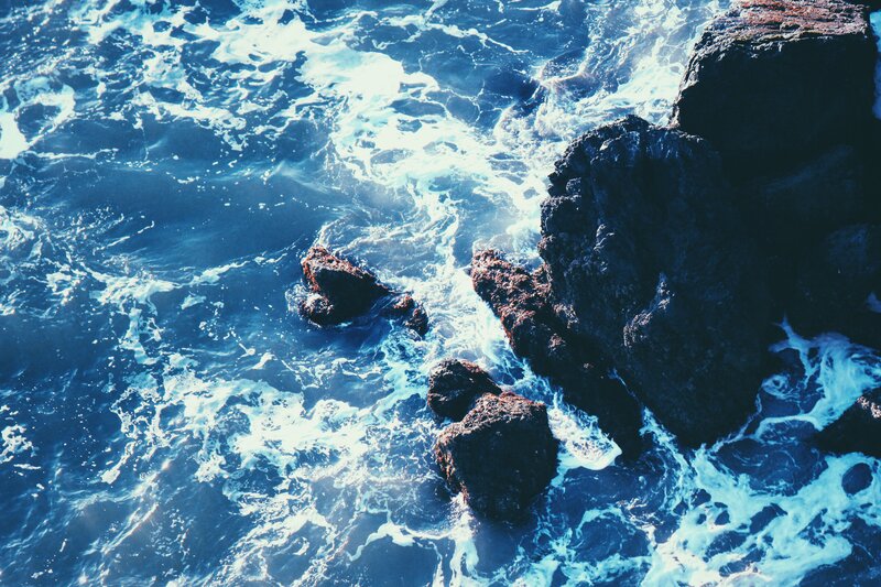 Ocean Waves Crashing on Rocks — Blue, Dramatic, Afternoon, Photograph, Foam