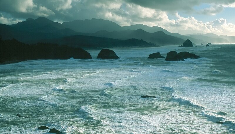 Ocean Waves Crashing on Rocks — Blue, Dramatic, Afternoon, Photograph, Mountains