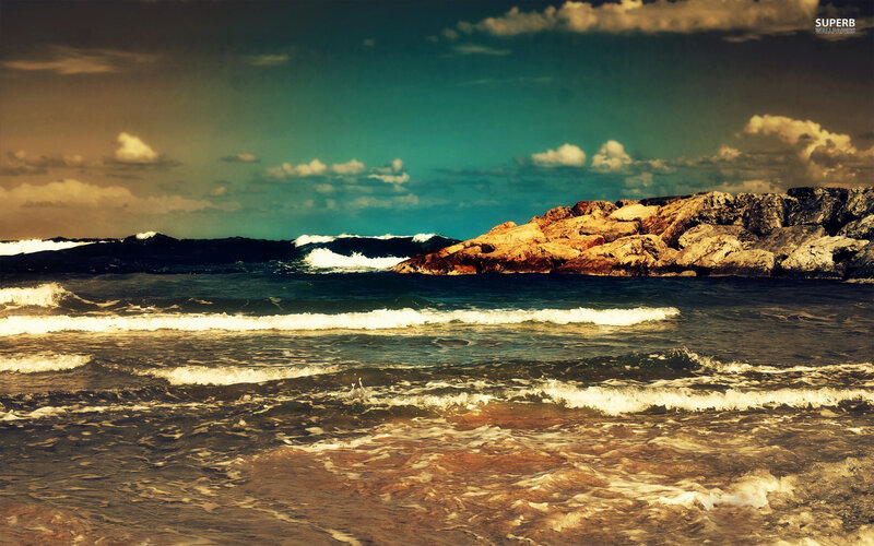 Ocean Waves Crashing on Rocks — Blue, Dramatic, Afternoon, Photograph, Sky