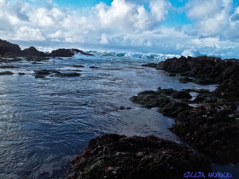 Ocean Waves Crashing on Rocks — Blue, Dramatic, Afternoon, Photograph