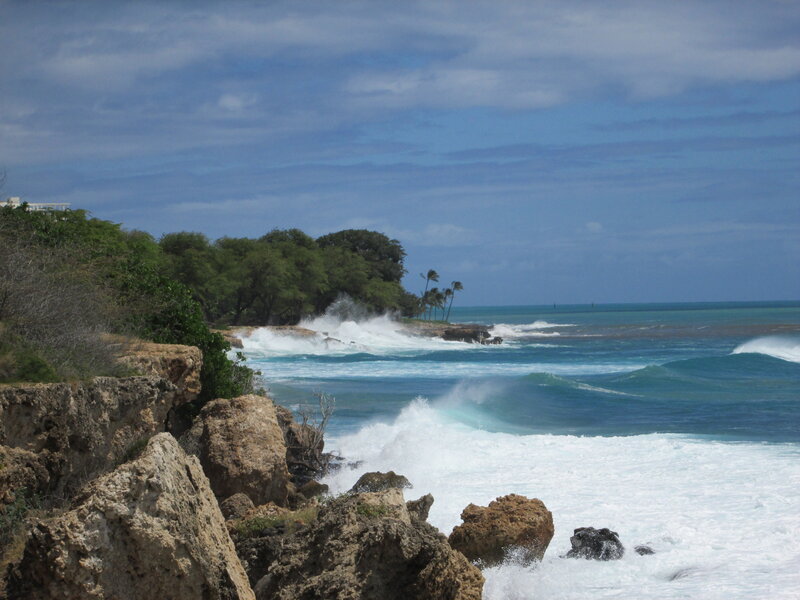 Ocean Waves Crashing on Rocks — Blue, Dramatic, Afternoon, Photograph, Trees