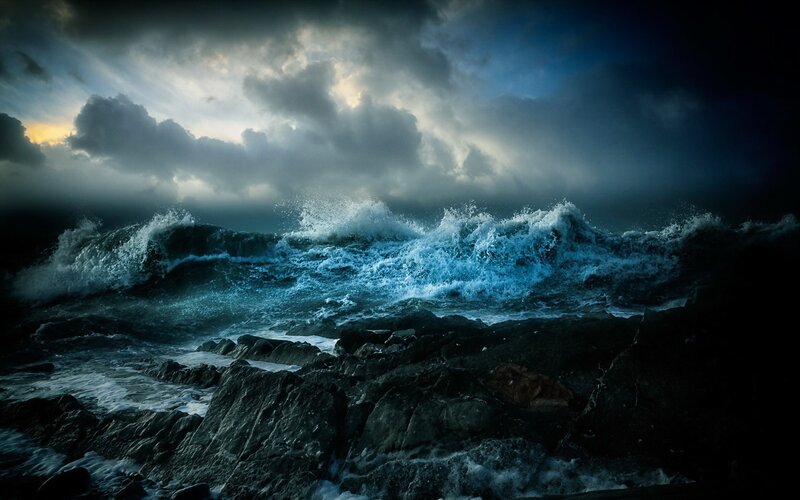 Ocean Waves Crashing on Rocks — Blue, Dramatic, Night, Photograph