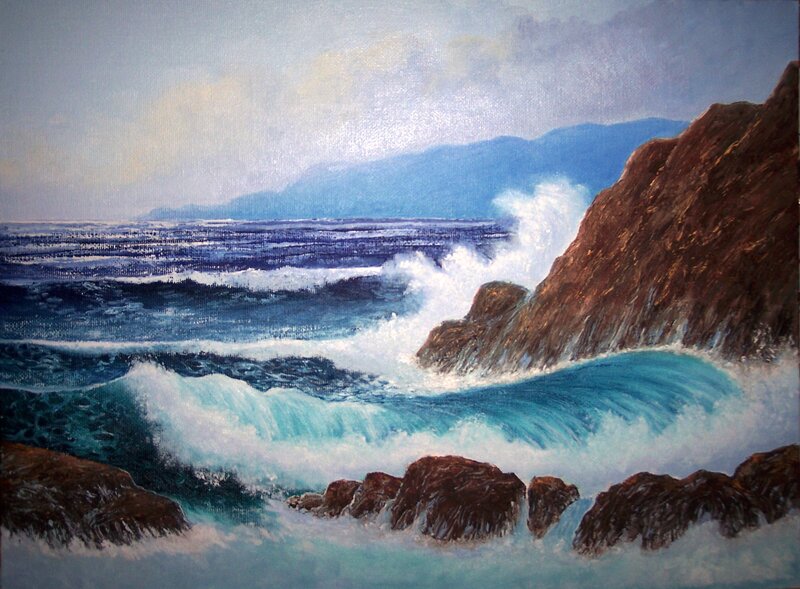 Ocean Waves Crashing on Rocks — Blue, Dramatic, Painting, Sea