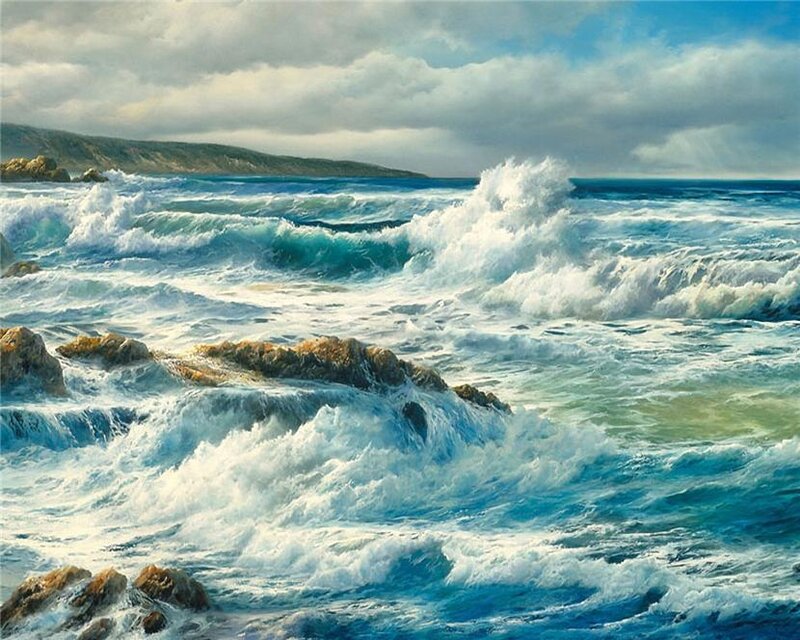 Ocean Waves Crashing on Rocks — Blue, Dramatic, Painting