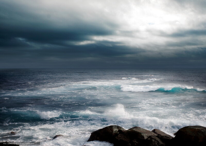 Ocean Waves Crashing on Rocks — Blue, Dramatic, Photograph, Clouds